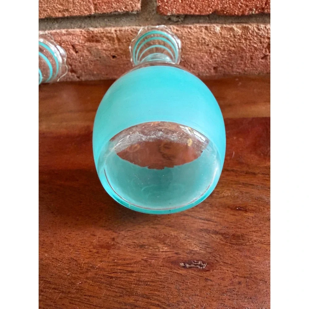 Vintage Midcentury Art Glass Vases – Aqua Spiral Swirl, Gold Scroll Accents